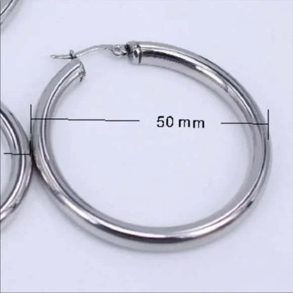 NEW 18K WHITE GOLD ROUND 2” TUBE HOOP EARRINGS - Picture 6 of 6